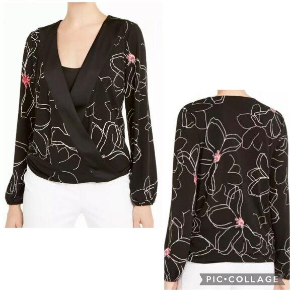 Alfani Womens Blouse Top Faux Wrap Floral Print Long Sleeves Black White Pink L - Picture 2 of 15